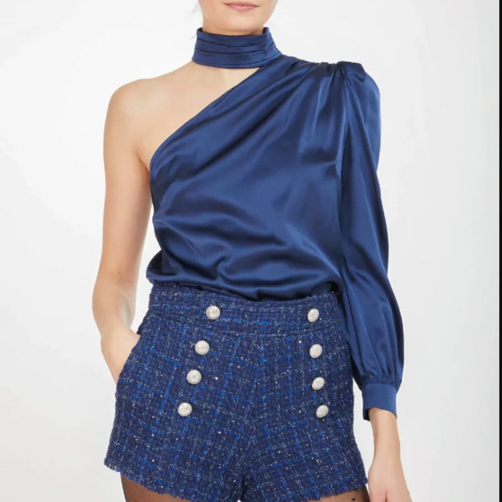 BNWT Generation Love Rosario Silk One Shoulder Top in Navy, Sz. XS/US 2, RRP$350
